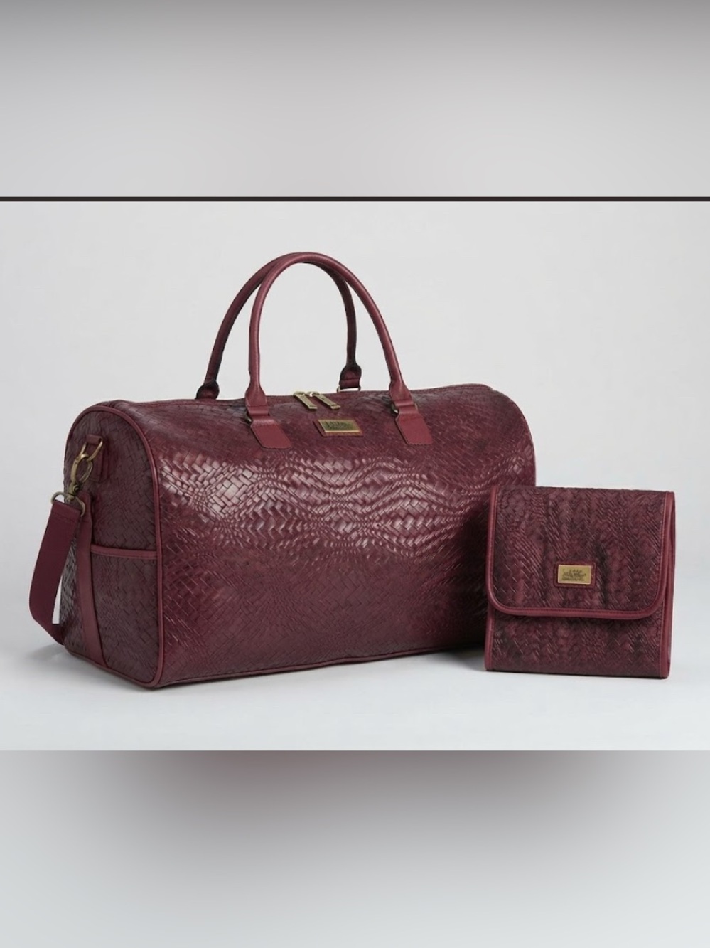 Nicole Miller Burgundy Woven Travel Duffel with Matching Pouch
